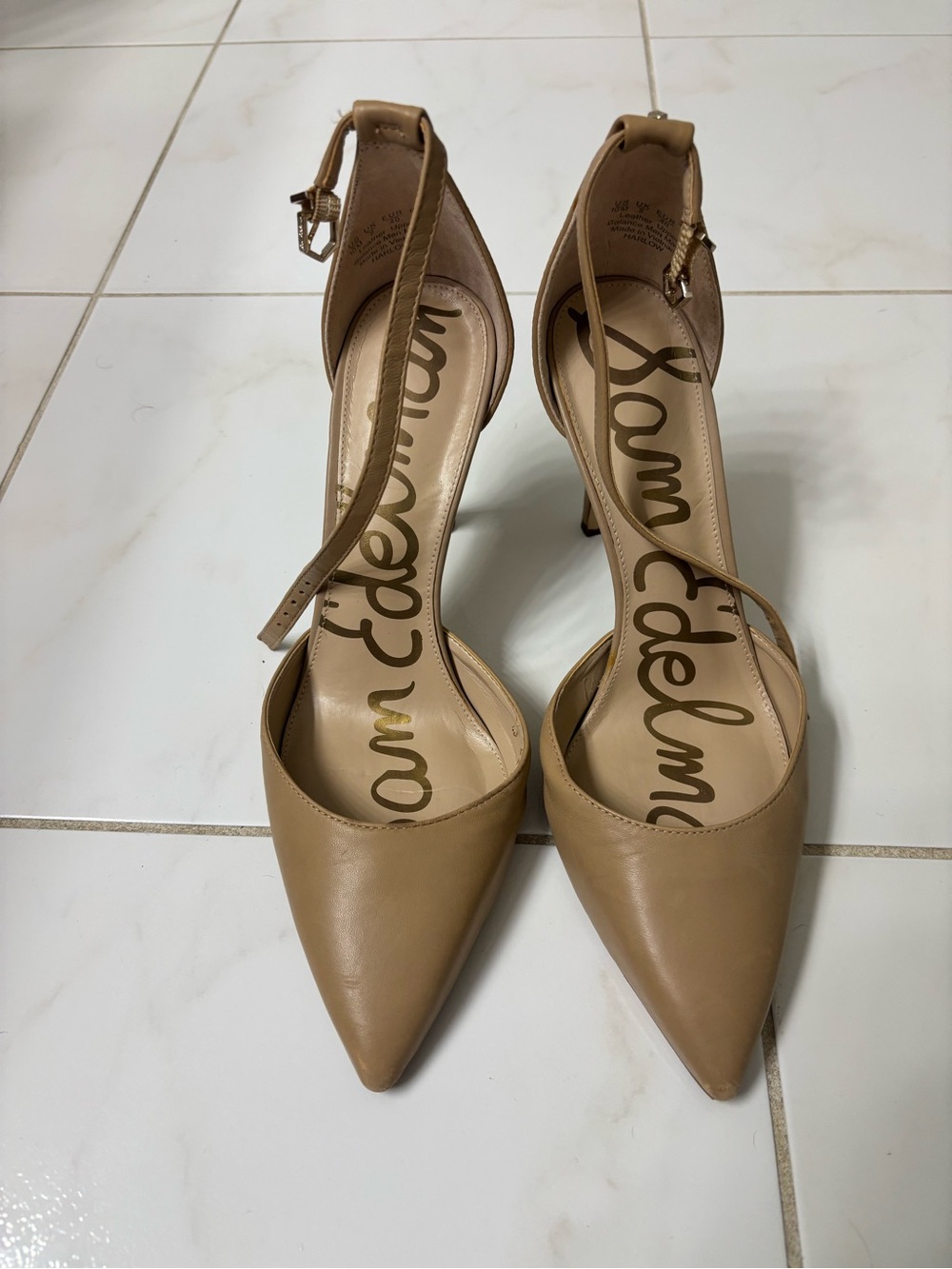 Sam Edelman Beige Pointed-Toe Ankle-Strap Heels